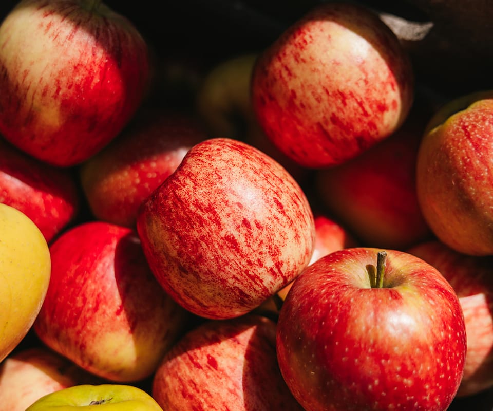 Een houten kist vol vers geplukte appels van dichtbij.